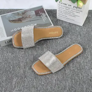 Women's Glitter Bling Elegant Square Toe Slide Sandals - Low Wedge Sparkle Shoes, Soft Low-Profile Walking Slippers for Daily Wear, Elegant Sandals