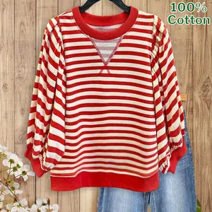 SageVell 100% Cotton Women's Red Green Purple Khaki Striped Sweatshirt Casual Loose Puff Sleeve Crew Neck Top for Daily Wear Fitted Hoodie Fabric Womenswear Crewneck
