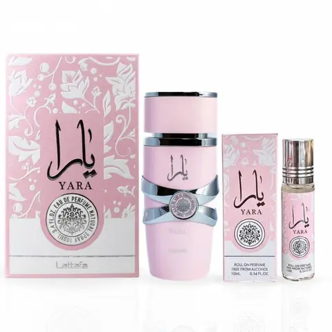 Lattafa Yara Women's 2-Piece Fragrance Bundle Box Set - 3.4 Oz EDP Spray, 0.34 Oz Travel-Suitable Concentrated Oil, Floral Sweet Creamy Scent, Daily Use for Adult Women, Apply to Pulse Points