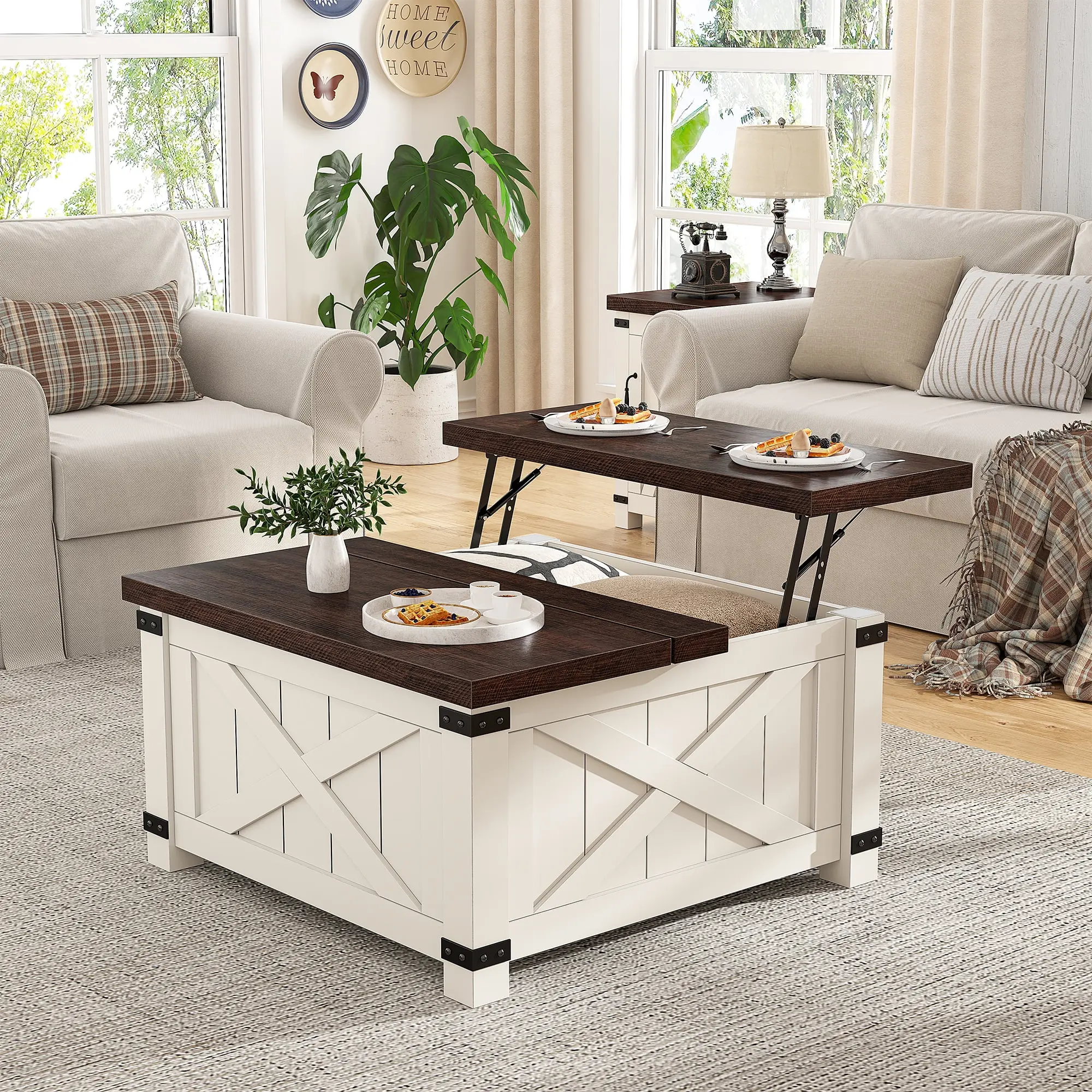 RaybeeFurniture 35.6" W Lift Top Coffee Table with Storage, Large Farmhouse Coffee Table with Hidden Space, Wood Square Coffee Tables for Living Room Home&Office