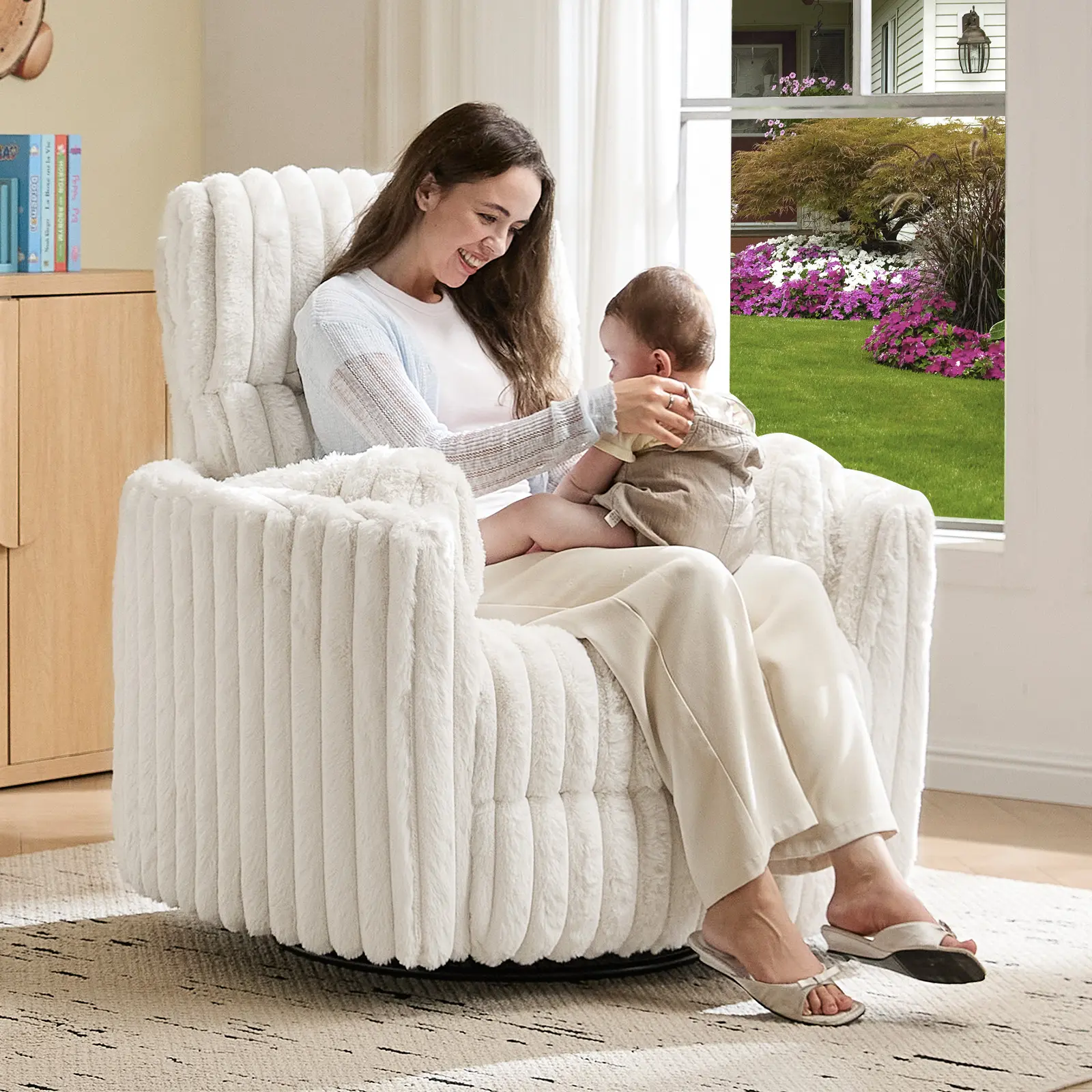 AMERLIFE Power Recliner Nursery Chair for Adults, Electric Swivel Rocking Glider with USB & Type-C, Soft Fabric Armchair with 2 Pillows, Cozy Reclining Sofa for Living Room, Bedroom