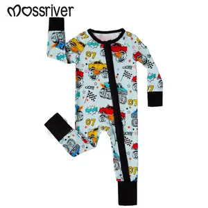 MOSSRIVER Baby Bamboo One-Piece Pajamas - Super Soft Long Sleeve Romper with Racing Cars Print