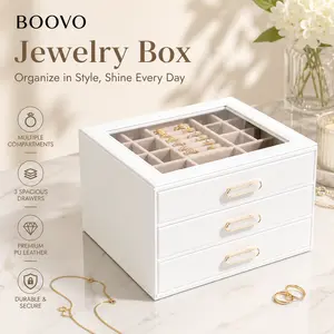 BOOVO Large 3-Tier Glass-Lid Jewelry Organizer Clear Top Vanity Storage, Large Capacity High-End PU Leather Jewelry Box, Anti-Tarnish Velvet  for Necklaces & Rings for Women