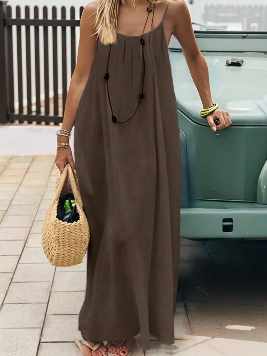 Women's Maxi Dress Spaghetti Strap Sleeveless Loose Fit Cami Sundress Backless Flowy Summer Beach Loungewear