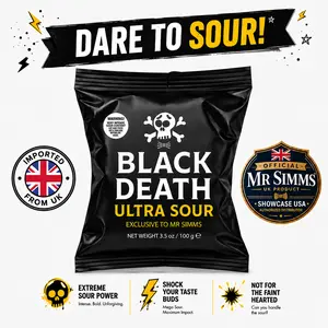 Mr Simms Black Death Ultra Sour 3.5oz UK Import Authorized Distributor Sharp Acidic Coating & Tangy Lemon Center Challenge-Style Sour Experience Snack, Candies, Super Sour Candy