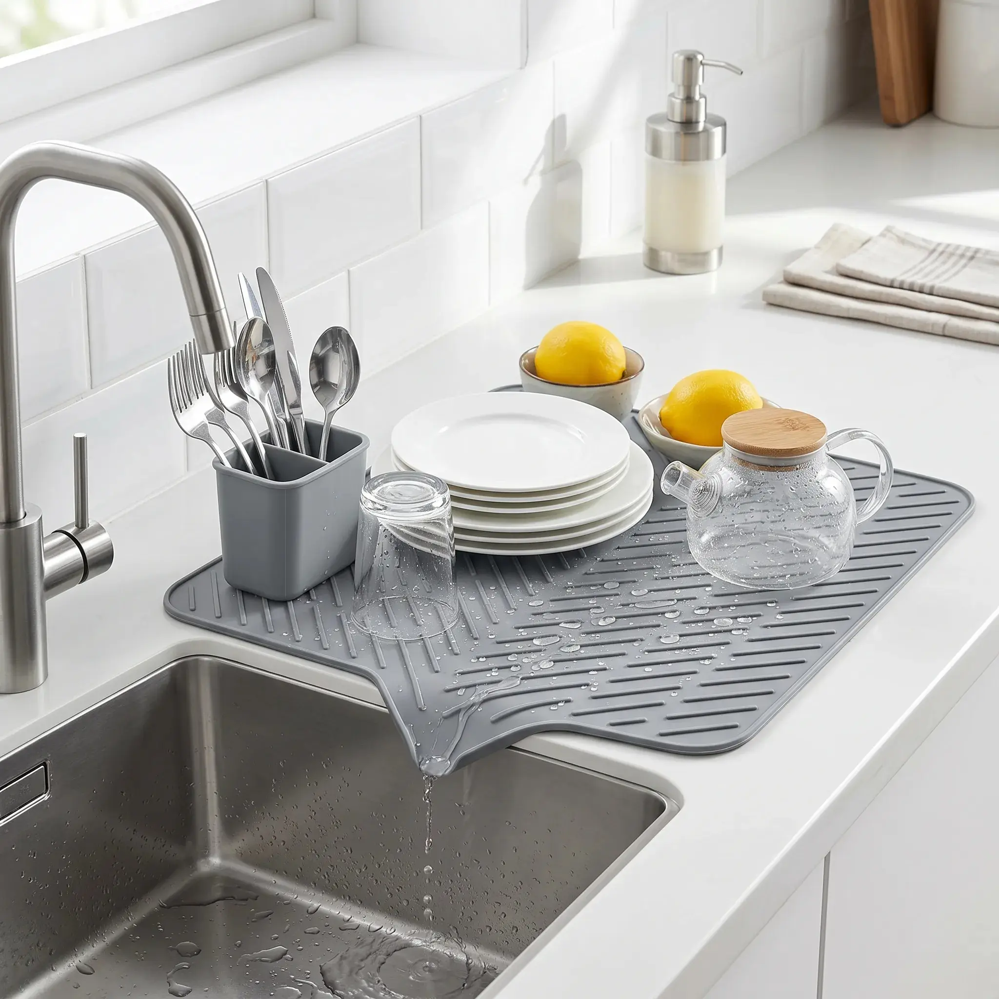 Large Size Square Silicone Dish Drying Mat with Built-in Drain Lip, Easy-Clean, High-Temperature Resistance - Kitchen Counter Tableware Organizer, 2026 New Year Gift Storage Holder