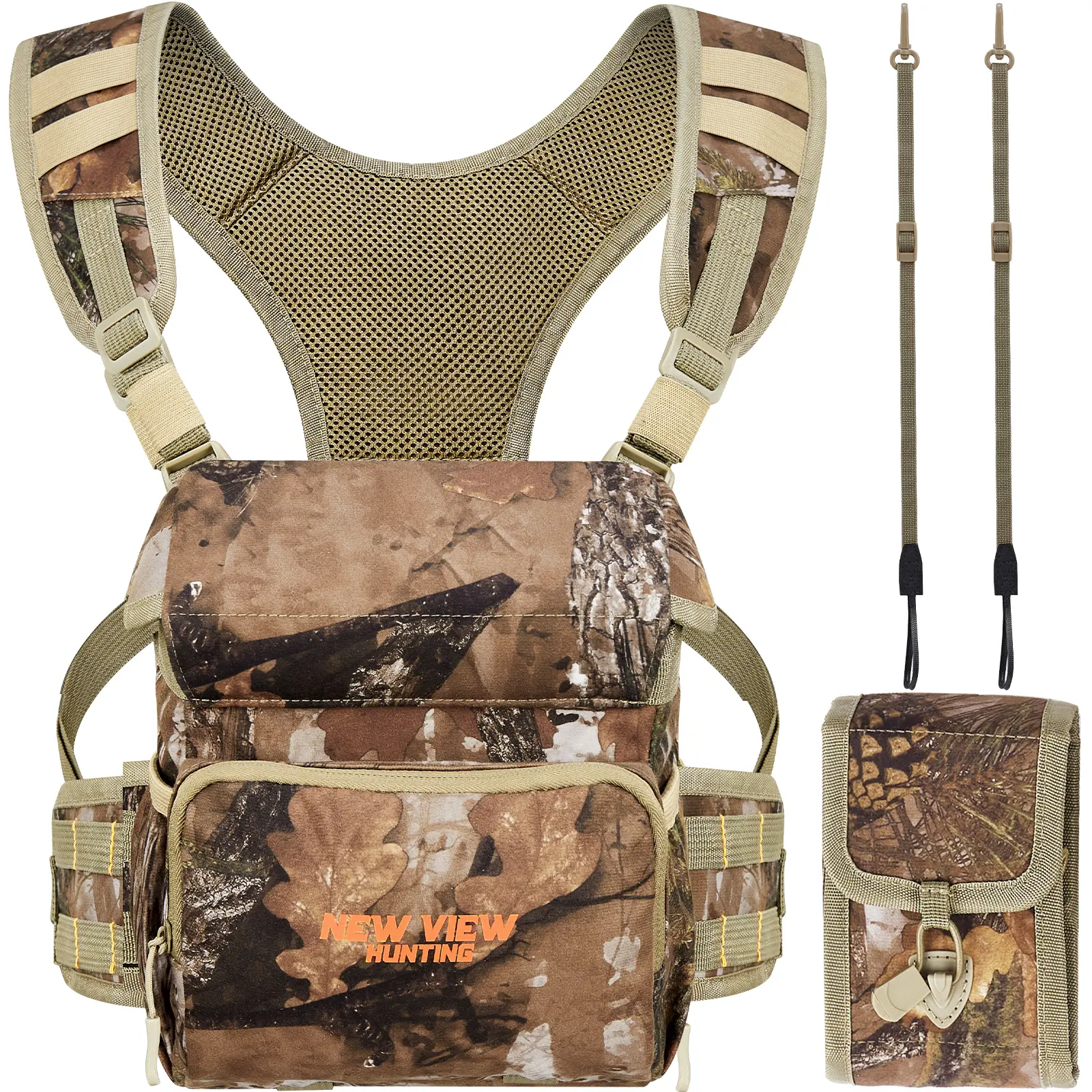 Quiet Binocular Harness Chest Pack with Detachable Rangefinder Pouch and Rain Cover