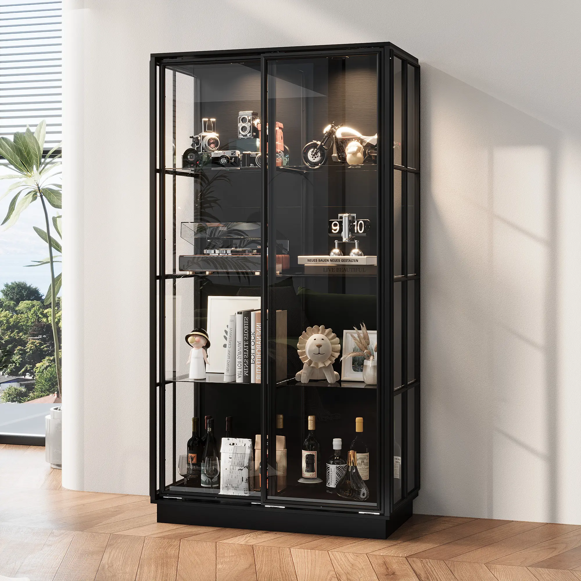 FUFU&GAGA Black Industrial Floor-Standing Modern Cabinet - 8 Storage Cubes Storage Display Cupboard, Glass Shelving, Sliding Doors, Spotlights, 22lb Capacity, Assembly Required for Trophies, Collectibles, Art Cabinet