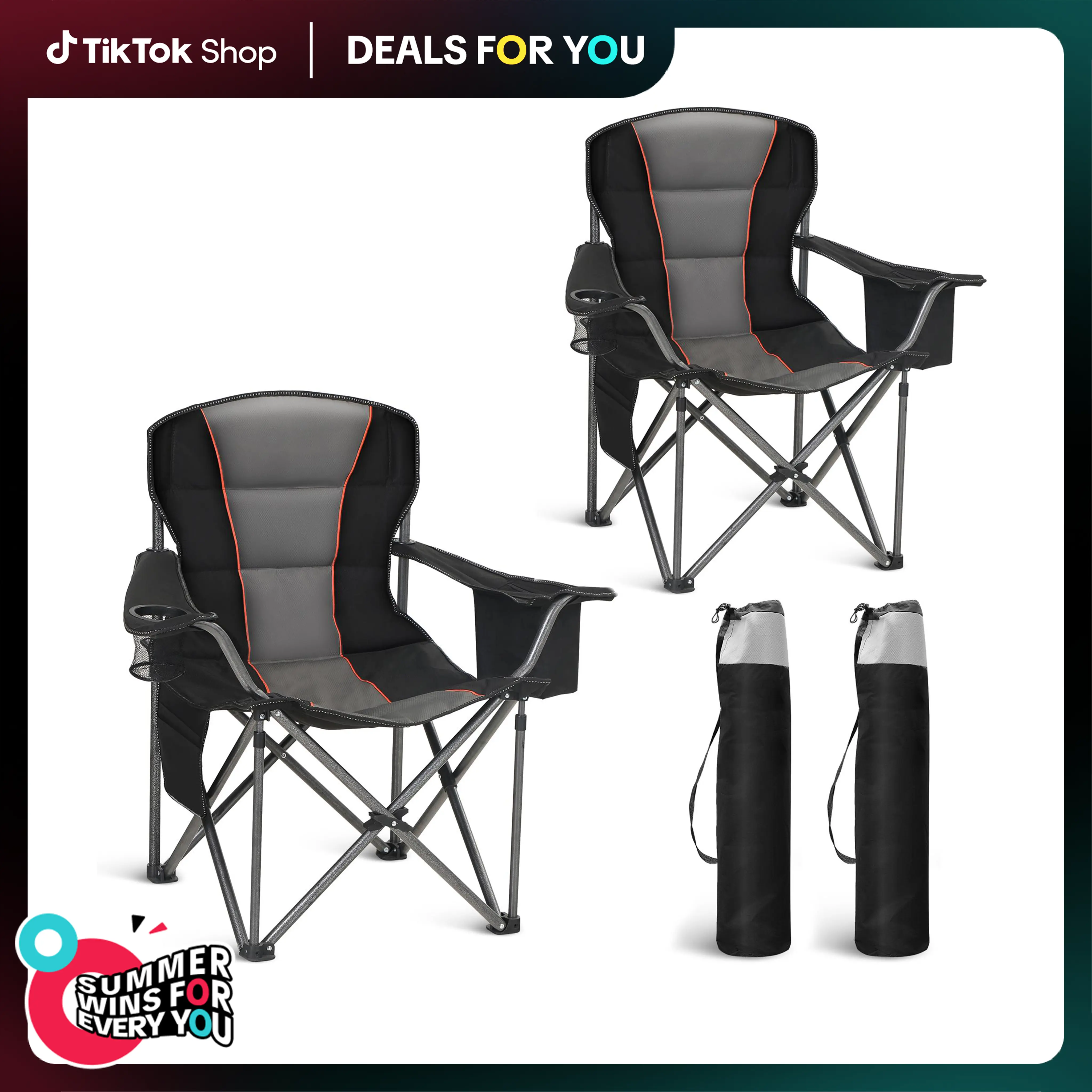 DealsForYouDays PHIVILLA Oversized Camping Folding Chair, Heavy Duty Support 450 LBS Steel Frame Collapsible Padded Arm Chair with Cup Holder Quad Lumbar Back, Portable for Outdoor