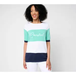 Denim & Co. Beach 100% Cotton Elbow Sleeve Sweater