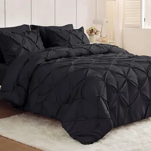 JOLLYVOGUE Black Queen Comforter Set 7 Pieces - Bed in a Bag for All Season, Pintuck Bedding Sets with Comforter, Flat Sheet, Fitted Sheet and Pillowcases & Shams