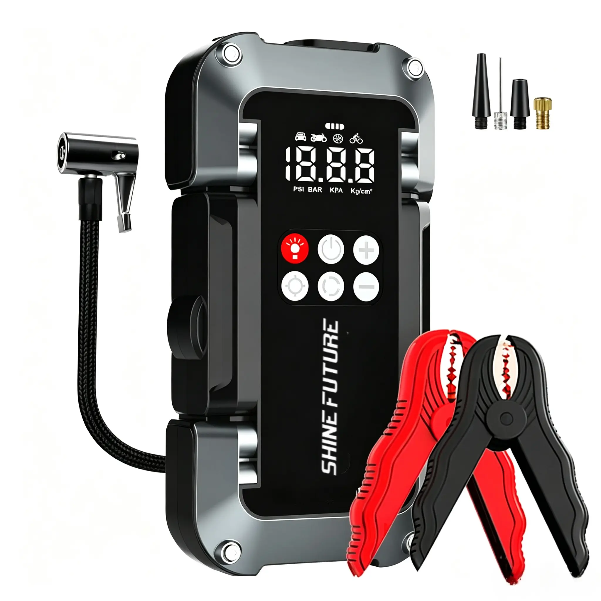4000mAh Ultra-Safe Jump Starter – Starts all 12V battery vehicles. Features 150 PSI air compressor, 18W fast charging, tire pressure check, and LED light. Includes jumper cables, air hose, and 4-in-1 charging cable