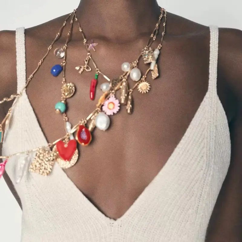 Designer Vintage Three Layered Multi Heart Fruit Pearl Chili Flower Charms Pendant Long Necklace Jewelry Set for women