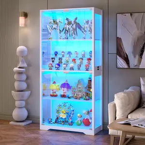 BROTTAR Display Cabinet with Glass Doors, Storage Cabinet with 3 Color Light, 4-Tier Curio Cabinet Bookcase for Collectibles, Toys, Books, for Playroom, Bedroom, Study Room, White/Black