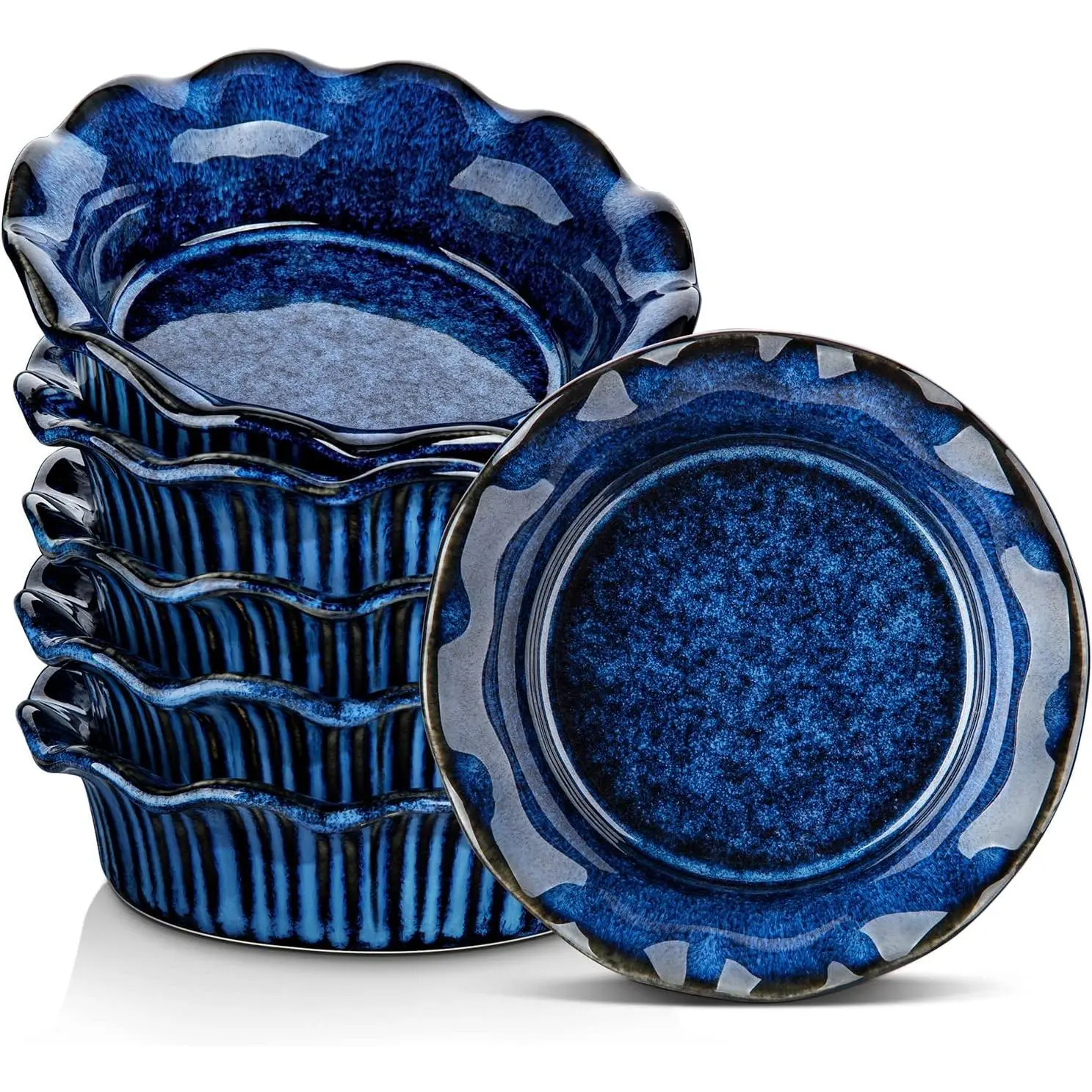 Ceramic Mini Pie Pans Set of 6, 5.2 Inch Small Pie Plates for Baking with Ruffled Edge, Individual Quiche Baking Dishes Tart Pans, Mini Pot Pie Plates for Microwave & Oven Safe, Blue