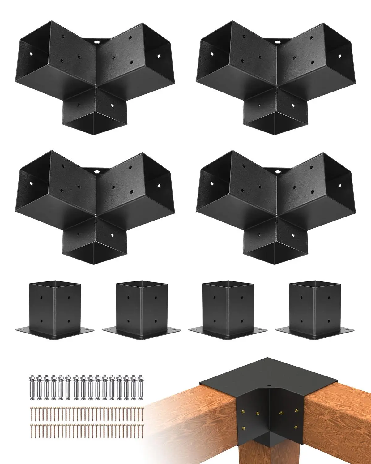 【Summerfinds】VEVOR 4x4 Inch Pergola Bracket Kit (Inner Size 3.5x3.5 Inches), 4 Pcs 3-Way Heavy Duty Corner Brackets, All Screws & Bolts Included, Easy Installation Woodworks DIY Post Base Kit for Gazebos, Patio Log Cabins, 3.5 X 3.5 Inches, 4 X 3-Way