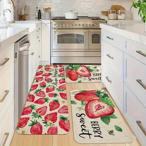 One spring sweet strawberry and bee pattern, kitchen mat, non-slip, washable kitchen rugs, polyester kitchen mat, holiday kitchen floor mat, sink, outdoor home decoration holiday gift, bathroom floor mat