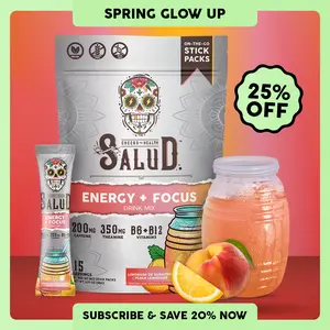 Salud 2-in-1 [Energy + Focus – Peach Lemonade] Clean Energy Drink Mix, Agua Fresca,  Organic Caffeine, B6 & B12, L-Theanine, Drink Packets, Non-GMO, Gluten Free, Vegan, Low Calorie, 1g Sugar (15 Servings)