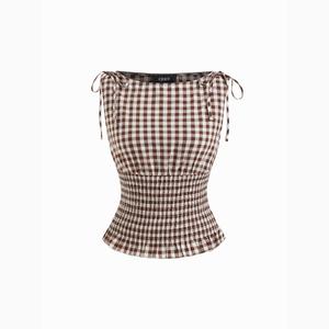 Cider Boat Neck Gingham Shirred Lettuce Trim Knotted Tank Top Dealsforyou