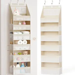 Door Hanging Storage Organizer,with 3 Bins 1 Movable Baby Diaper Caddy,1 Large capacity diaper stacking storage Organizer,10 Side Pockets ,Bedroom Door Storage for Nursery Baby Essentials.  (Beige) Hangable Hangable Hangable