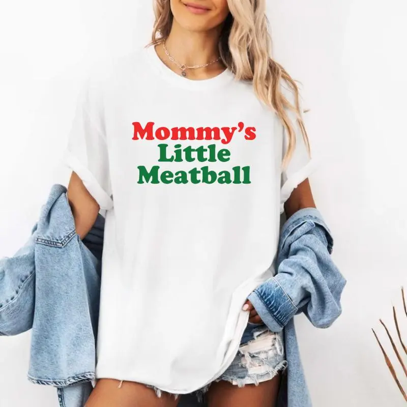 Graphic T-Shirt with "Mommy's Little Meatball" Print, Unisex Casual Cotton Blend Round Neck Shortsleeve Top for All Seasons, Machine Wash