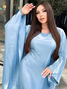 FY7717(Light Blue Shimmer Satin Abaya with Cape-Style Sleeves, Elegant Modest Evening Dress)