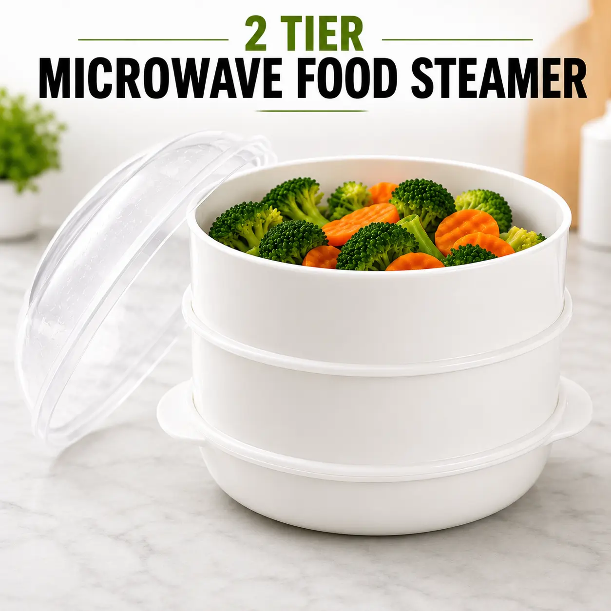 BPA-Free Dual-Layer Microwave Steamer Cooker - 8.75x6.5x7.375in Specialty Kitchen Appliance for Dumplings, Steaming, 2 Foods at Once, Healthy Dinners