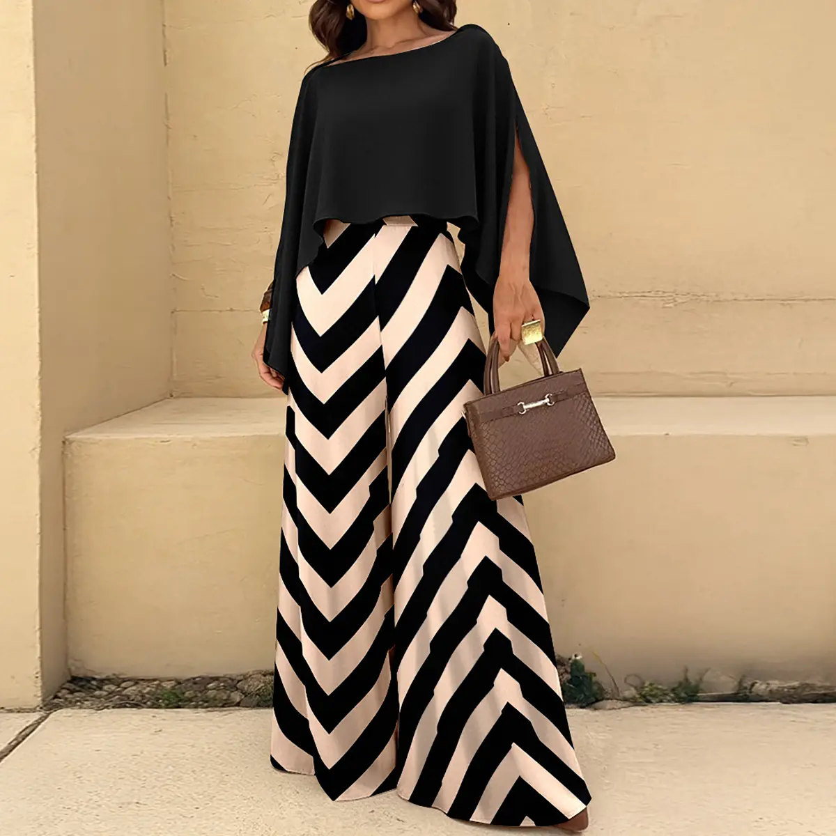 CHICME Women's 3 Pieces Outfit Elegant Pant Set with Convertible Split Sleeve Top & High Waist Chevron Print Wide Leg Pants Chic Vacation Outfit for Women
