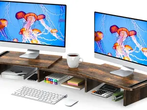 Wooden Dual Monitor Stand Riser with Adjustable Length and Angle for Desk Storage Space Rust Brown Ergonomic Home Office