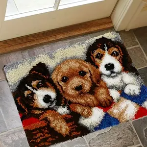 Three Puppies Latch Hook Kit | Crochet Yarn Floor Mat, Pre-printed Carpet Embroidery, Pillowcase, Hook and Latch Kit, Absorb Home Carpet, Non-slip, and Mixed Colors, 20.47in*14.96in, 52cmx38cm