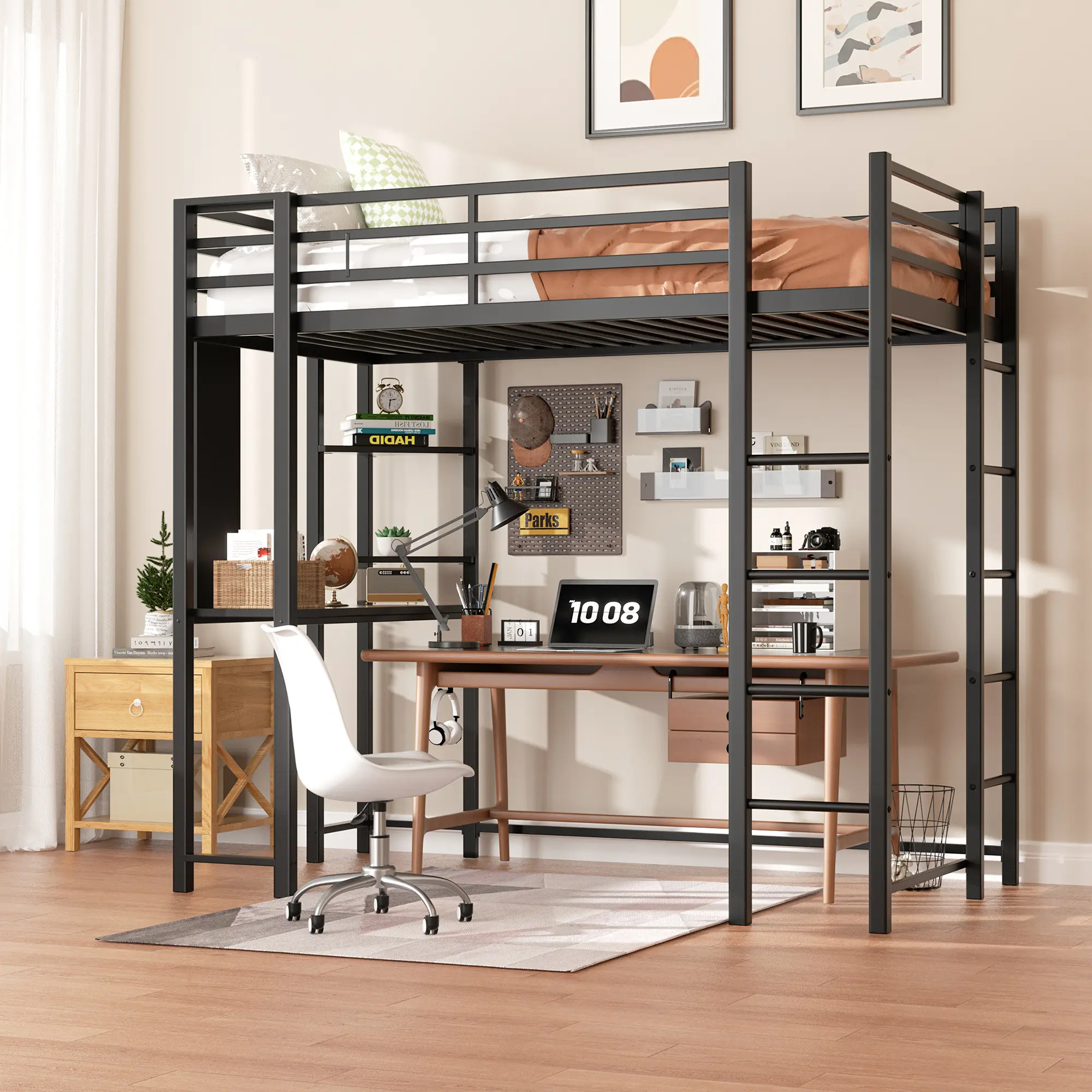 Walsunny  Bunk Bed Twin Over Twin Size with Desk and Charging Station L-Shaped Metal Bunk Bed with Storage Shelves Loft Beds with Safety Guardrail and Ladder for Teen,Black