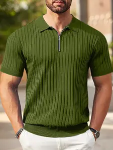 Old Money Style Men's Vertical Stripe Half-Zip Knit Polo Shirt, Summer Breathable Ribbed Lapel Short Sleeve, Business Casual Versatile, Slimming tch Slim Fit, Premium Texture, Suitable for Commuting and Dating