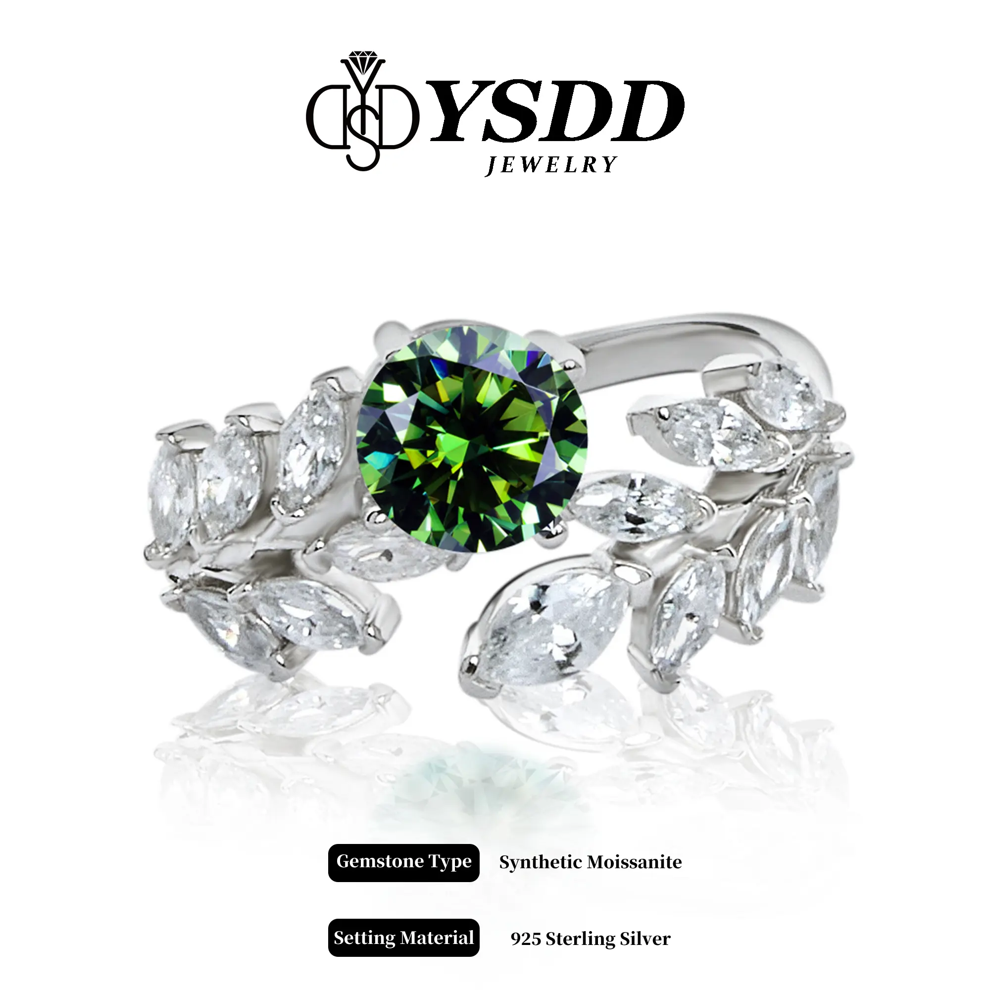 925 Sterling Silver Leaf Statement Ring for Women with 1 Carat Emerald Green Synthetic Moissanite, Marquise Cut Accents, Adjustable Size, Ring Sizer, 1 Carat Synthetic Moissanite, Yes, 1 Month
