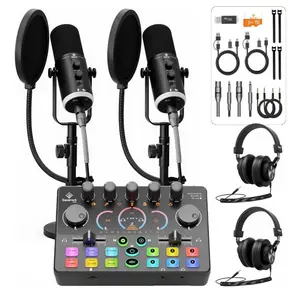 Podcast Equipment Bundle for 2, Dynamic XLR/USB Gaming Microphone & Streaming Audio Mixer with RGB Lights, Perfect for Podcast, Recording, Video Vocal, PC