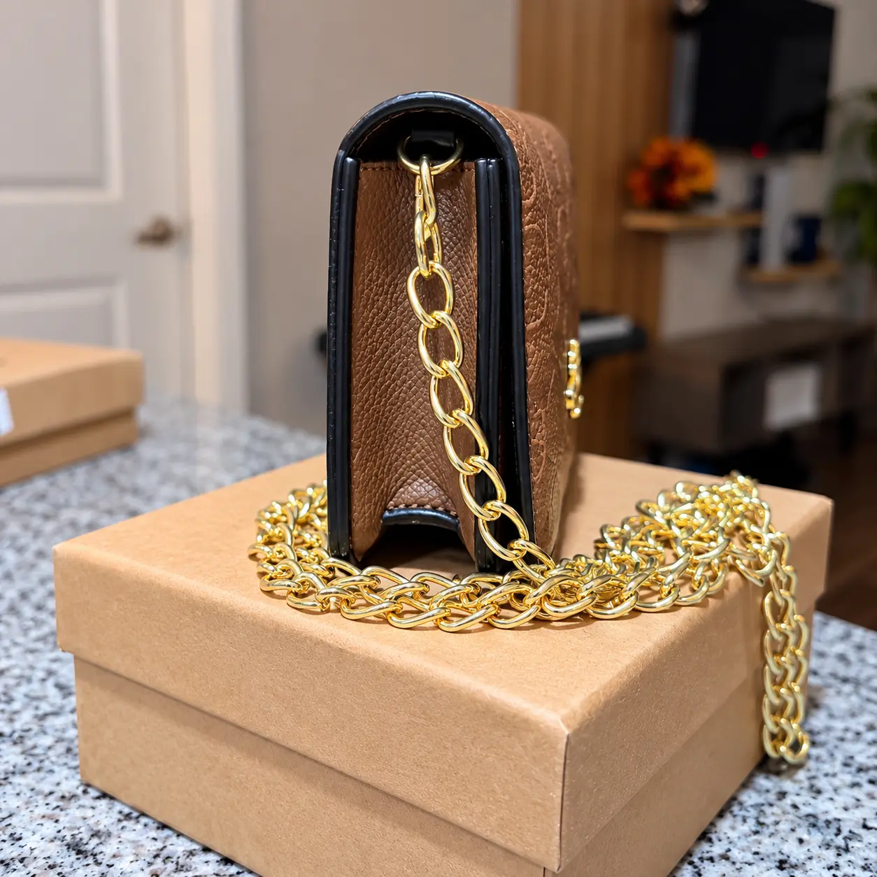 Mini Cartera with Gold Chain Strap Brown Leather Handbag for Women