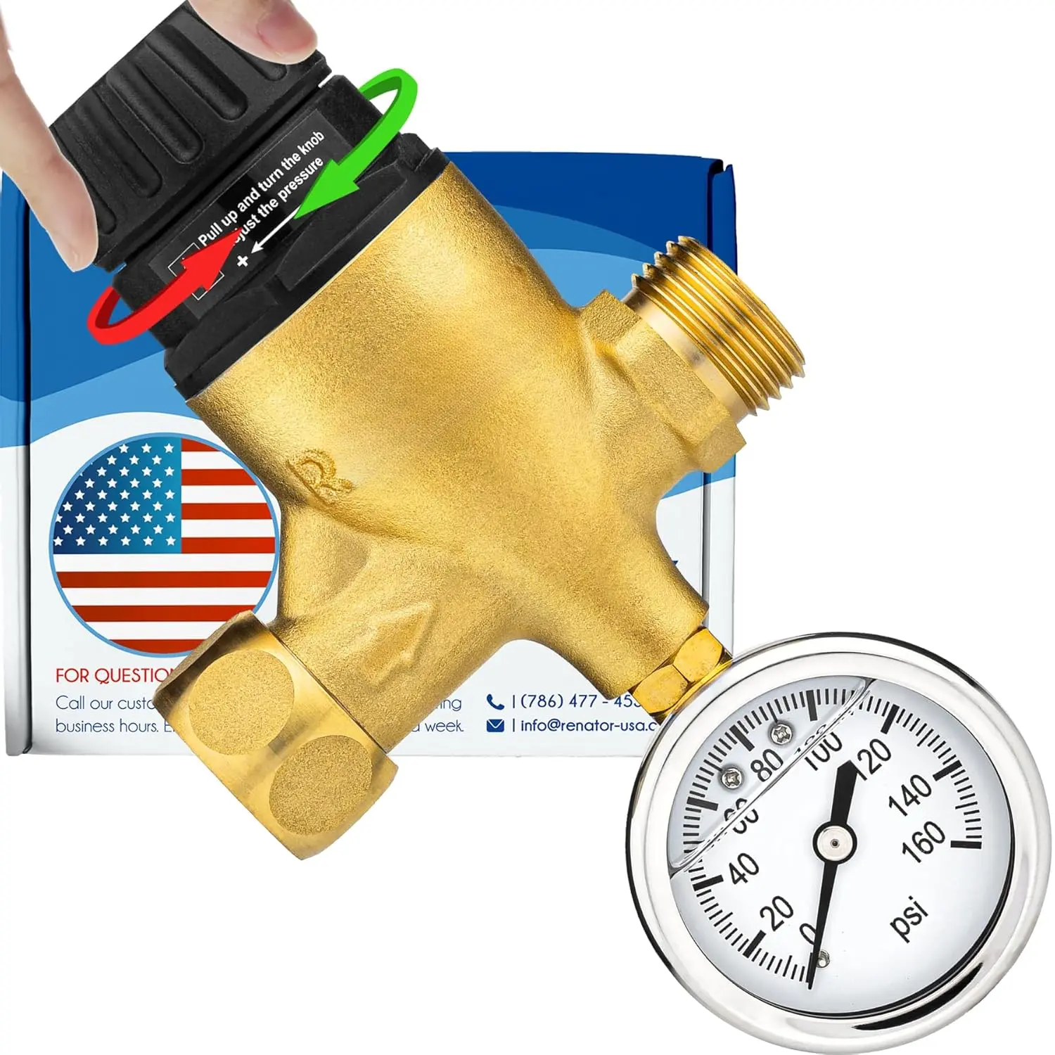 RV Water  Regulator for RV Camper. Brass  Adjustable Water  Regulator with Gauge for Camper Travel Trailer, Reducer Valve W Filter. M44-0660R.