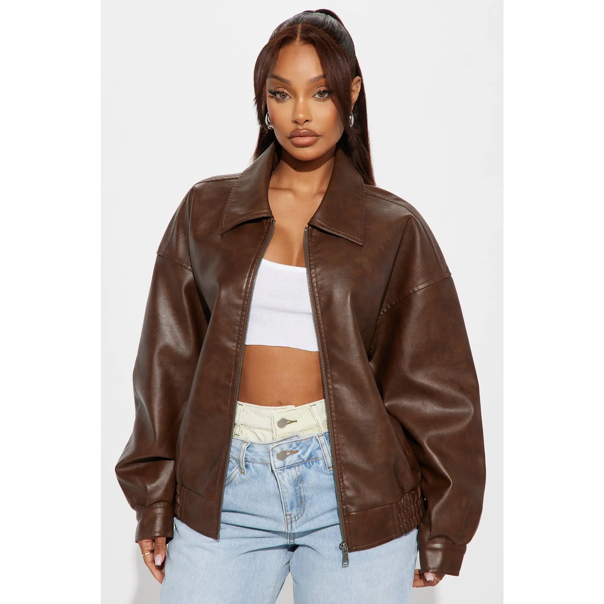 Hustle Mode Oversized Faux Leather Jacket - Chocolate Hustle Mode Oversized Faux Leather Jacket - Chocolate