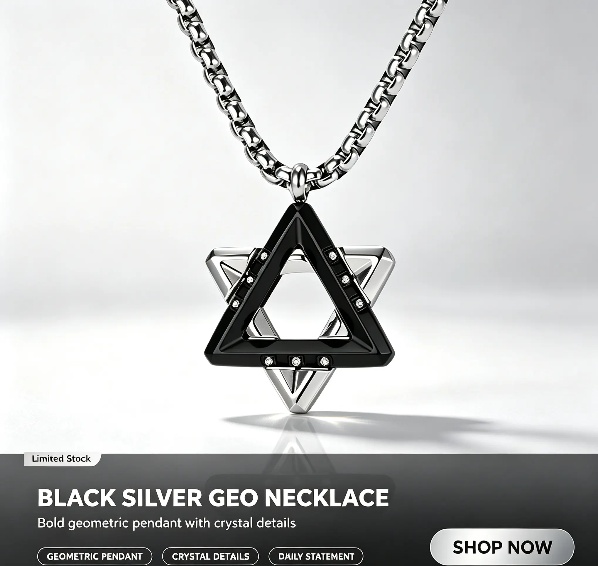 Men's 3D 2-Tone Hexagram Pendant Stainless Steel Triangle Necklace - Creative Minimalist Hip-Hop Costume Jewelry, Trendy Ins Style Fashion Accessory for Casual Wear