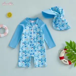 Baby Boy Rash Guard Swimsuits Shark/Duck Print Long Sleeve Zip Up Bathing Suit with Sun Cap