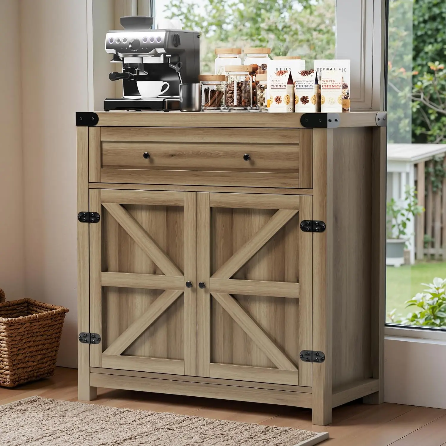 Furmax Modern Farmhouse Storage Cabinet - Minimal Design, Durable Wood Kitchen Buffet Sideboard with Drawer, Shelf, Exquisite Craftsmanship, Indoor Furniture for Dining Room Home Decor Organization