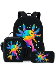 colorful axolotl-print backpack set includes a lunch bag and a pencil case.