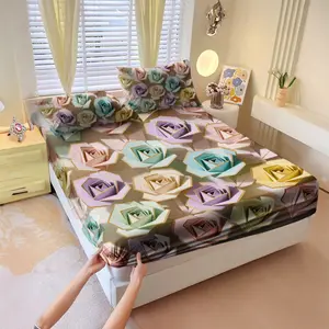 Three-piece fitted sheet set, including a fitted sheet and a bedspread, made of high-end luxury microfiber, soft and breathable, removable, suitable for bedroom use, ideal gift for couples, easy-care fabric, rose-themed Valentine's Day gift, Floral Sheets