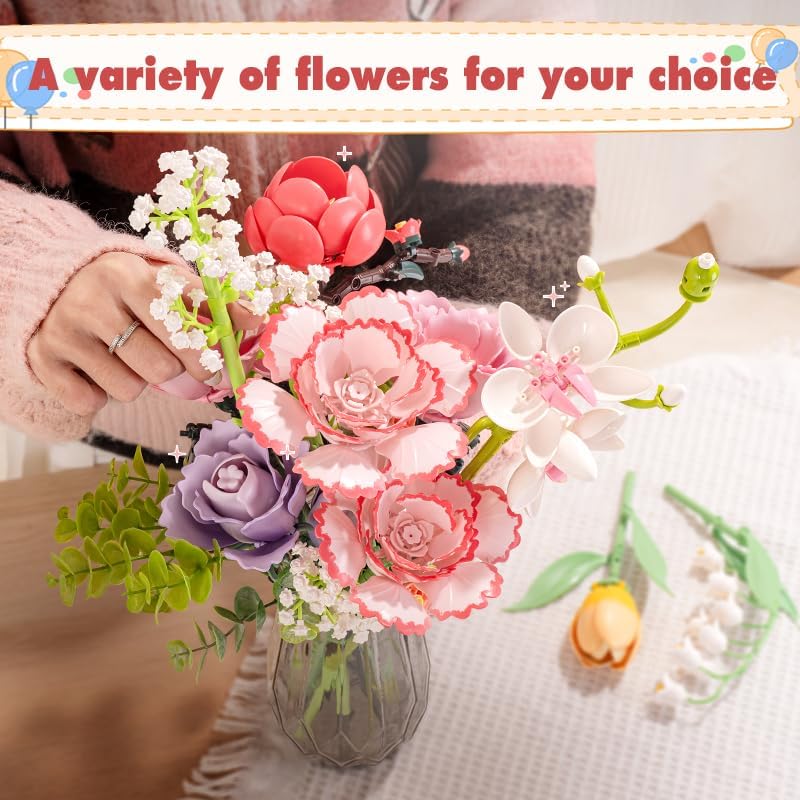 Mini Artificial Flower Building Blocks Set, DIY Rose Bouquet Bricks Kit, Home Decor Desktop Ornament, Creative Gift for Women Mom Girlfriend, Compatible with Major Brands