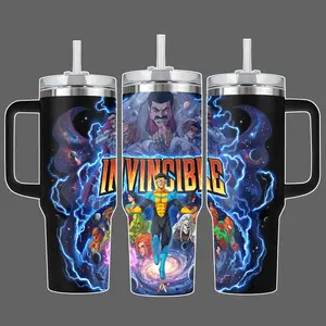 Invincible Omni-Man Mark Grayson Animated Series Stainless Steel Insulated Travel Tumbler With Handle & Straw Lid 20oz 40oz Full Wrap Cosmic Hero Team Design