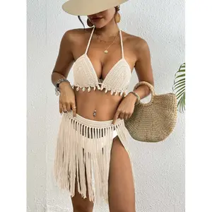 Women's Pure Hand-Crochet Set Shell Patchwork Lace-Up Tassel Skirt Bikini Top Two-Piece Set