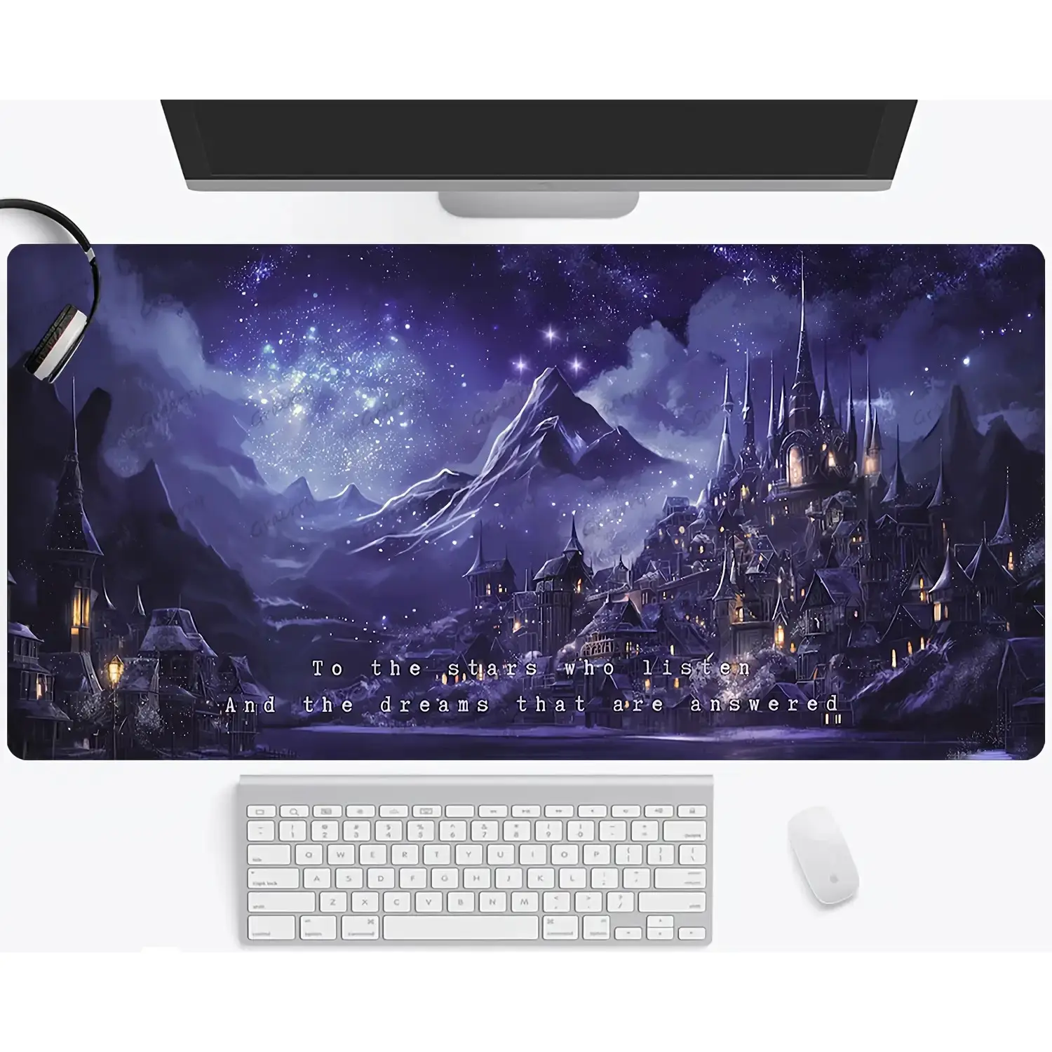 Free ExpressFree Express1pc Large Night Court City of Starlight Gaming Desk Mat - Gothic Fantasy Mouse Pad & Keyboard Surface with Non-Slip Rubber Base, Dark Blue/Purple Starry Night Map of Skyrim-like Landscape for PC, Computer, Office & Home Workspace