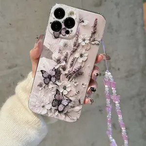 Butterfly Pattern Phone Case with Lanyard, Decorative Phone Protector Cover, Phone Accessories Compatible with iPhone 11 12 13 14 15 Pro Max, Casing