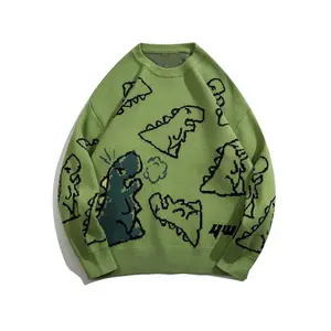 Cartoondinosaurpatternknitsweater,men'scasualwarmslightlyelasticroundneckpulloversweaterforautumnandwinter