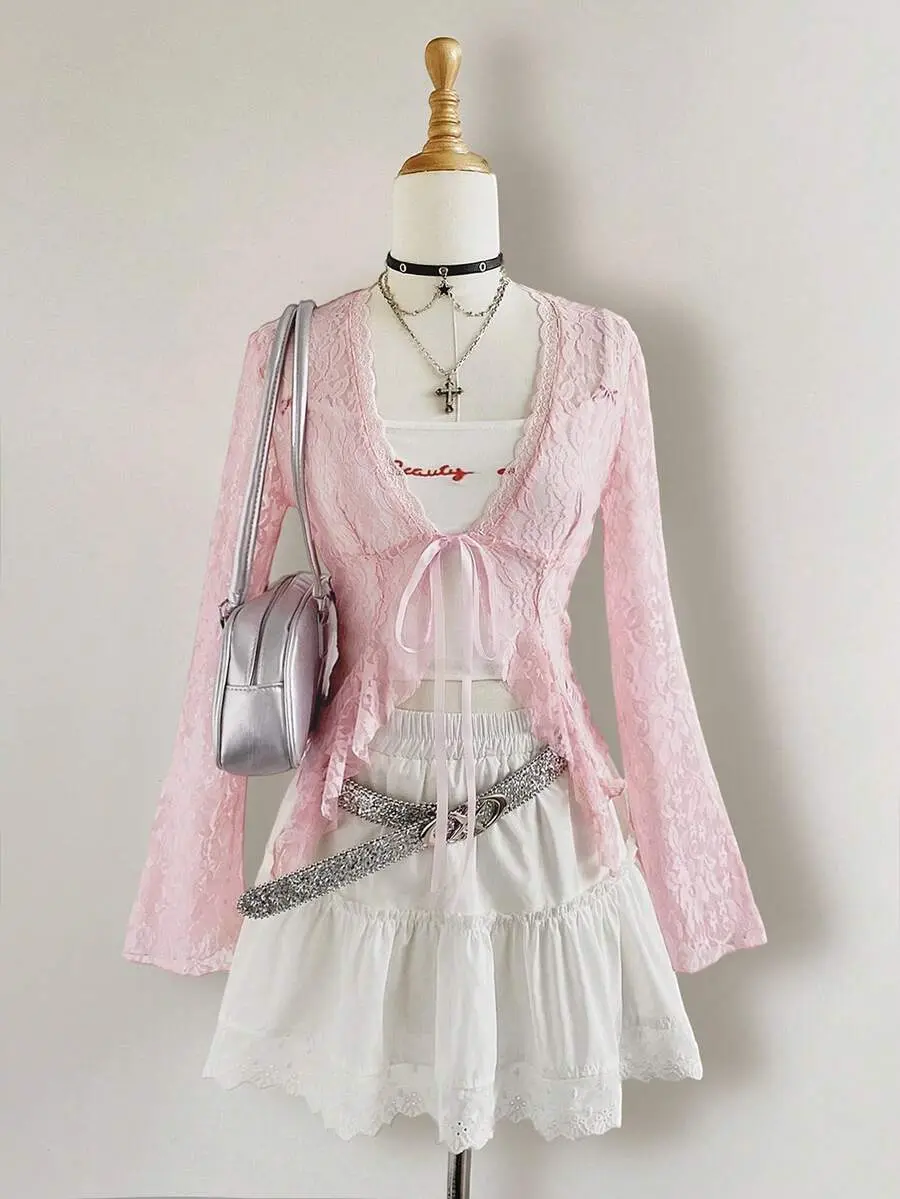 Y2K Aesthetic Sheer Pink Lace Cardigan With Bell Sleeves, Women's Top For Autumn