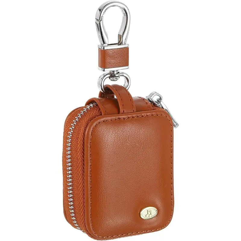 Brown PU Leather Compact Audio Earbud Holder - Metal Zippered Small Organizer with Inner Mesh Pocket, Fits Wireless/Wired Earphones, USB Cables & Charging Accessories (Luggage & Bag Accessory)